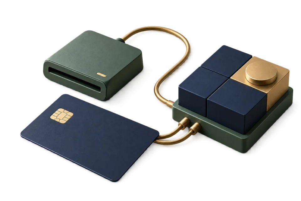 Illustration: Eine Smartcard verbindet Kartenleser und Anwendung zu einem gemeinsamen System.