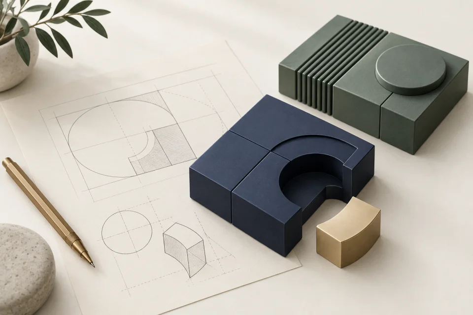 Illustration: Technische Skizze und passgenaue Bausteine stehen für eine individuell entwickelte Lösung.
