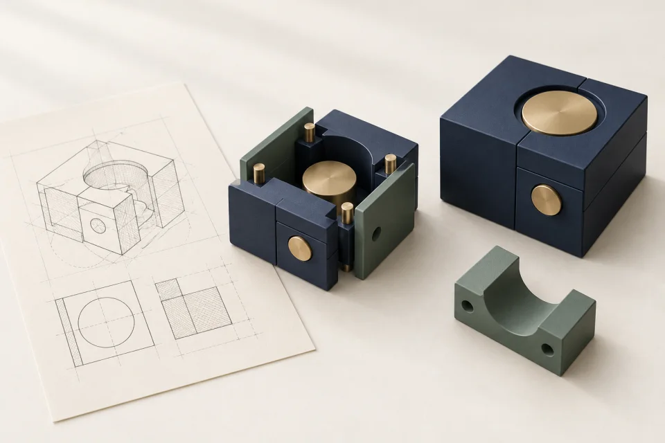 Illustration: Von der technischen Skizze über einen Prototyp zur fertigen Lösung.