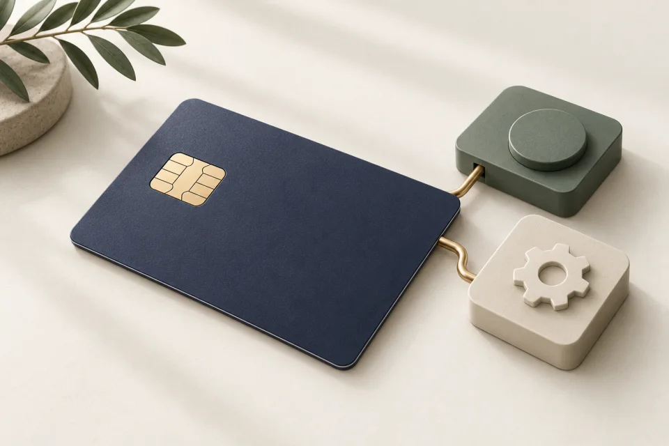 Illustration: Eine Chipkarte und kleine Funktionsmodule veranschaulichen Smartcard-Applets.